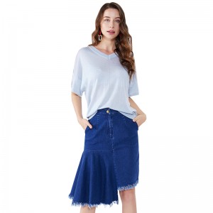 Blue Patchwork Asymmetrical Knee Length Jeans Midi Denim Skirt  JCGJ190315027