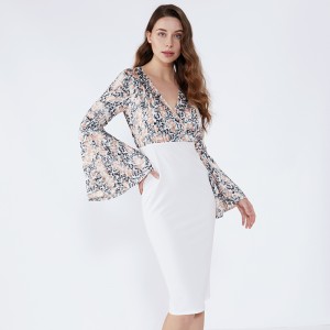 White Floral Sheath Fluted Sleeve Formal Bodycon Dress 2019 Women Clothing