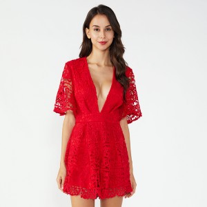 Red Embroidered One Piece Ladies Causal Short Sexy Jumpsuit for Women