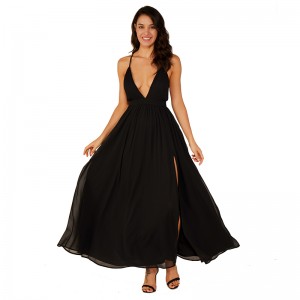 High Quality Deep V Black Evening Maxi Dress Chiffon Sexy Elegant Dresses