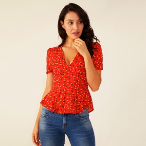Women Deep V Summer Red Ruffle Floral Pleated Print Blouse